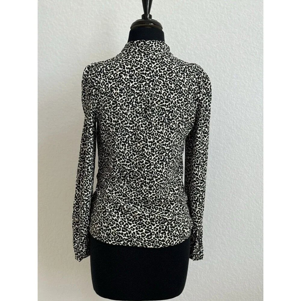 Sezane Abelia Cream Leopard Faux Wrap Blouse Long Sleeve Draped V-Neck Sz 34/XS
